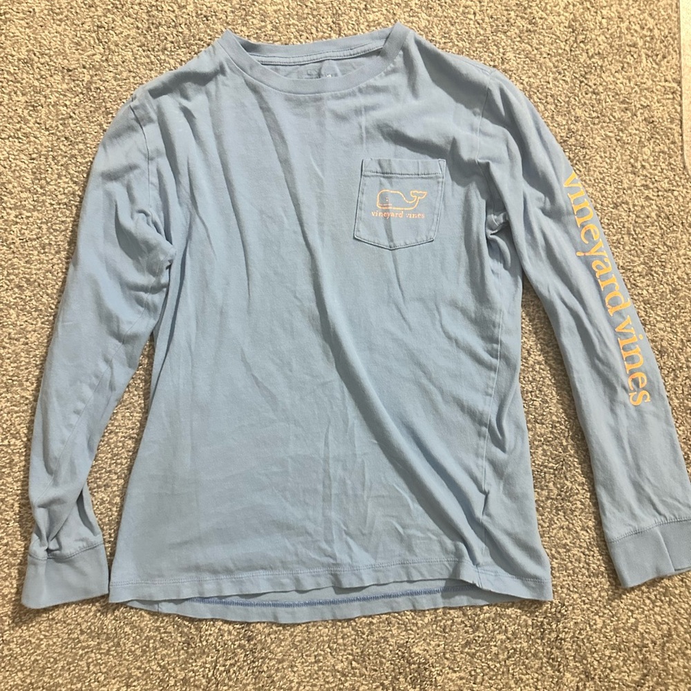 Vineyard vines blue long sleeved shirt with pink logo front and back